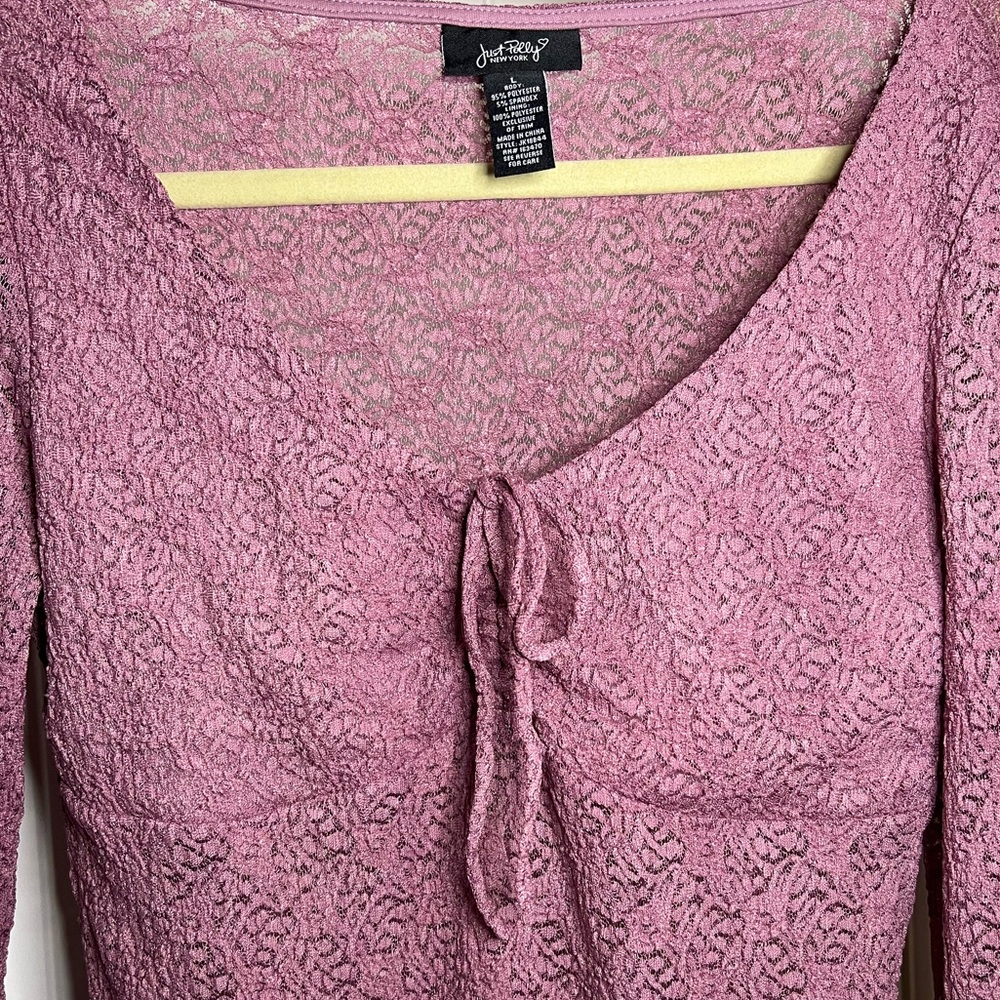 Y2K Sheer Lace Tie Front Top Pink Lettuce Hem Long Sleeve Boho Whimsygoth Fairy - Picture 2 of 6
